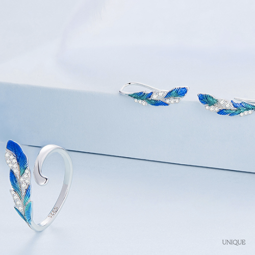 Conjunto Pendientes y Anillo Plumas de Pavo Real