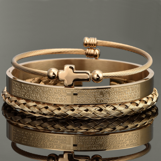 Pulsera Roman con Crucifijo y Letra del Padre Nuestro Chapada en Oro de 18K